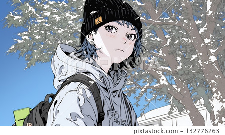 年輕女子沿著白雪皚皚的鄉村小徑行走 132776263