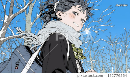 年輕女子沿著白雪皚皚的鄉村小徑行走 132776264