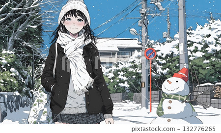 Young woman walking along a snowy country road 132776265