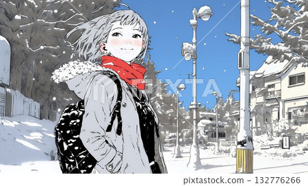 Young woman walking along a snowy country road 132776266