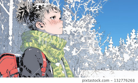 年輕女子沿著白雪皚皚的鄉村小徑行走 132776268