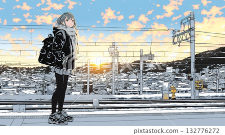 Young woman walking along a snowy country road 132776272