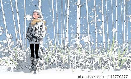 年輕女子沿著白雪皚皚的鄉村小徑行走 年輕女子沿著白雪皚皚的鄉村小徑行走 132776277