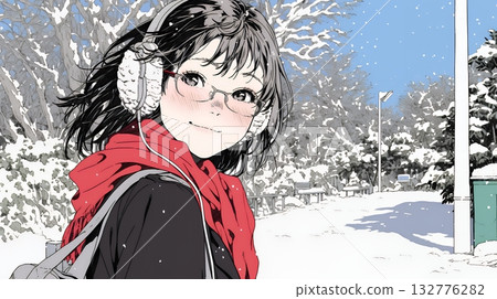 Young woman walking along a snowy country road 132776282