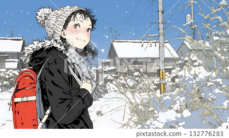 Young woman walking along a snowy country road 132776283