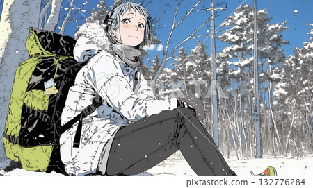 Young woman walking along a snowy country road 132776284