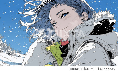 Young woman walking along a snowy country road 132776289