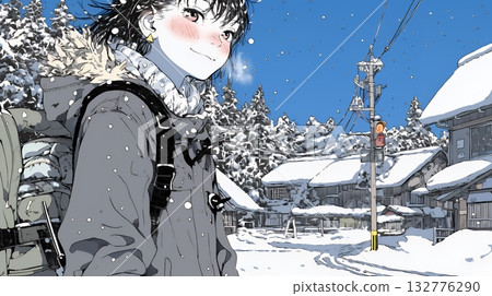 年輕女子沿著白雪皚皚的鄉村小徑行走 132776290