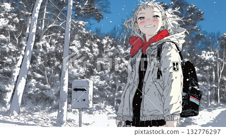 Young woman walking along a snowy country road 132776297