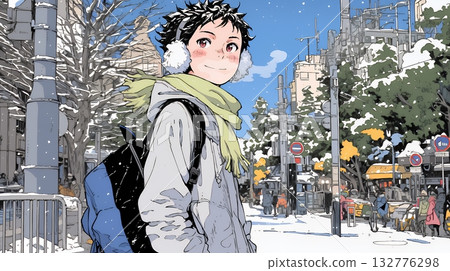 年輕女子沿著白雪皚皚的鄉村小徑行走 132776298