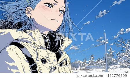 年輕女子沿著白雪皚皚的鄉村小徑行走 132776299