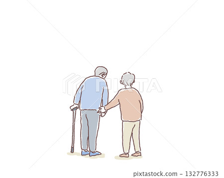 一位老婦人攙扶著一位拄著拐杖的老者,從後方拍攝。 一位老婦人攙扶著一位拄著拐杖的老者,從後方拍攝。 132776333