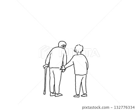 Rear view of an elderly woman supporting an elderly man walking with a cane, line drawing Rear view of an elderly woman supporting an elderly man walking with a cane, line drawing 132776334