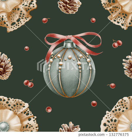 Christmas seamless pattern-vintage lace bow brooch with pearl,Christmas tree ball in blue velvet with red ribbon in bow,pearls beads and gold threads,pine cones with red sharrow berries on dark green Christmas seamless pattern-vintage lace bow brooch with pearl,Christmas tree ball in blue velvet with red ribbon in bow,pearls beads and gold threads,pine cones with red sharrow berries on dark green 132776375
