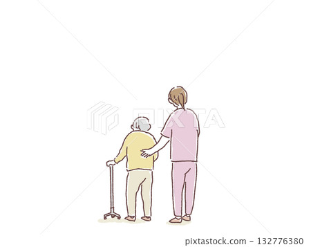 A caregiver and nurse assisting an elderly woman walking with a cane, rear view 132776380
