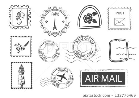 Stamp retro postage seal, postmark with decor, doodle vintage decoration for scrapbook. Air mail tourism travel postcard. Stamp retro postage seal, postmark with decor, doodle vintage decoration for scrapbook. Air mail tourism travel postcard. 132776469
