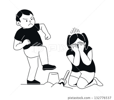 Boy Ruining Sand Cake - Black and White Flat Design Illustration 132776537