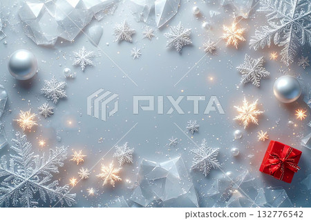 Festive winter background: sparkling snowflakes, ice crystals and red gift box, Christmas wallpaper 132776542