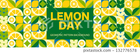 Lemon Mosaic Seamless Pattern Banner. Modern Abstract Geometric Background in Brutalism Style, vector illustration 132776578