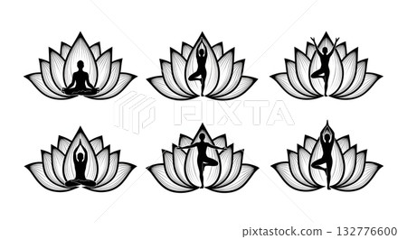 set of hand drawn lotus flower outline 132776600