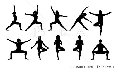 set silhouette of people doing yoga pose 132776604