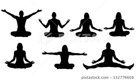silhouette of people meditating 132776608