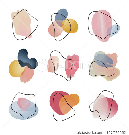 Colorful abstract shapes in a modern design grid showcasing creative art elements for interior decor or branding purposes 132776662