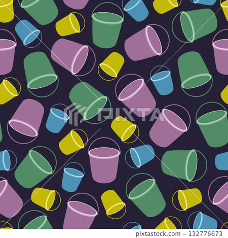 Colorful Plastic Buckets. Seamless pattern. Isolated on dark blue background. Yellow, light blue, violet and green buckets. 132776673