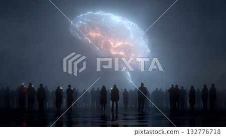 人們對生成式人工智慧的抽像印象：一個閃閃發光、仰望的大腦 132776718