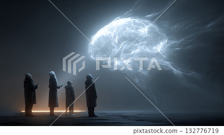 人們對生成式人工智慧的抽像印象：一個閃閃發光、仰望的大腦 132776719