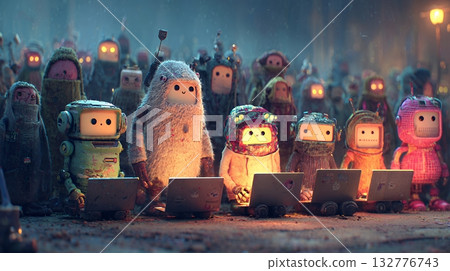 People's abstract image of generative AI: a robot-like human operating a PC 132776743