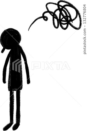 Hand-drawn painted human silhouette icon, standing with head down and in troubled pose 132776804