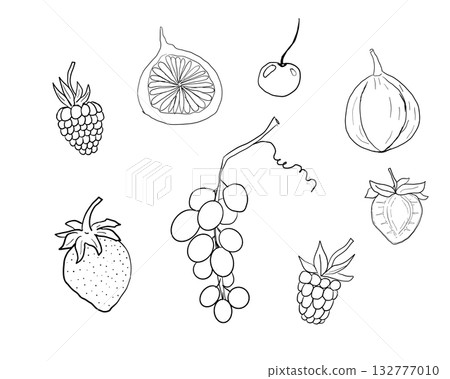 Sketch set fruits, hand drawn tropical fruits and berries. Sweet fresh sliced peach, orange grape, cute strawberry raspberry. Pear with leaves. Half figs. 132777010