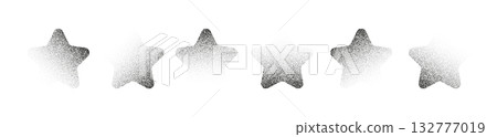 Set of abstract stars with grain, halftone, and noise texture. Grunge vector icons in retro style. Gradient sparkle elements and dotted starburst pattern isolated on white background 132777019