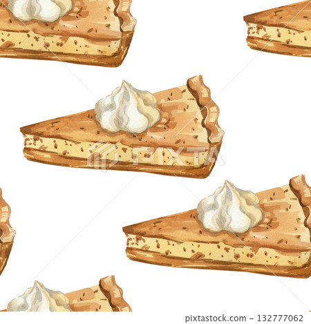 Seamless watercolor pattern from pastries, pumpkin pie. All objects are hand-painted in watercolor. Pumpkin Pie With Whipped Cream Suitable For Printing On Fabric, Paper, For Thanksgiving Design. Seamless watercolor pattern from pastries, pumpkin pie. All objects are hand-painted in watercolor. Pumpkin Pie With Whipped Cream Suitable For Printing On Fabric, Paper, For Thanksgiving Design. 132777062