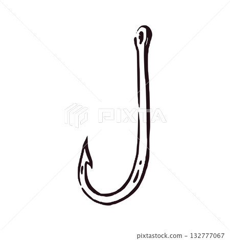 A fish hook made of metal, hand-drawn in ink and translated into a vector. Vector illustration for printing on fishing products, tackle, for printing in magazines and books. Vector illustration 132777067