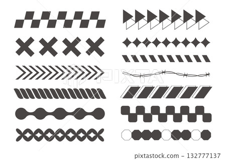 Y2k geometric elements border set, heart with flame, barbed wire divider. Groovy cyber retro design elements.  132777137