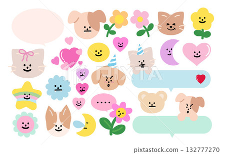 Cute vector illustrations of puppy and cat expressions, flowers, stars, heart, party hat, moon, text bubbles for cartoon characters, comic, animals, pet shop, vet, emoji, mood, nature, garden, summer Cute vector illustrations of puppy and cat expressions, flowers, stars, heart, party hat, moon, text bubbles for cartoon characters, comic, animals, pet shop, vet, emoji, mood, nature, garden, summer 132777270