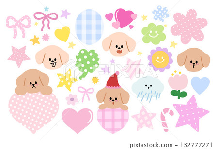 Cute vector illustrations of puppy expressions, candy cane, cloud and rain, flower, star, pink ribbon, heart, clover leaf for cartoon characters, comic, animal, pet shop, vet, emoji, mood, foster home 132777271