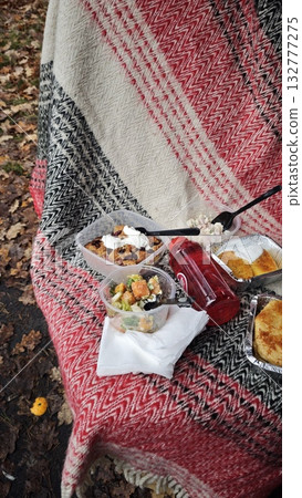 Outdoor autumn picnic with homemade food containers on a cozy red plaid blanket among fallen leaves. Concept of seasonal outdoor dining and cozy fall lifestyle Outdoor autumn picnic with homemade food containers on a cozy red plaid blanket among fallen leaves. Concept of seasonal outdoor dining and cozy fall lifestyle 132777275