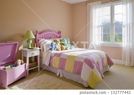 A bright and cozy children's bedroom for a girl in pink and pastel colors with toys and a large window. 132777442