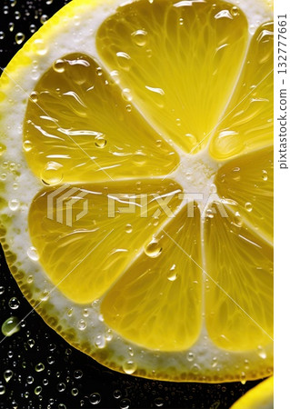 A Fresh Lemon Slice adorned with Water Droplets for added visual appeal and freshness 132777661