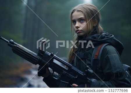 Resolute young woman, clad in military gear, stands in a foggy woodland, firmly holding an assault rifle, her eyes fixed on the horizon 132777696