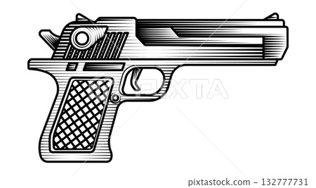 modern semi automatic pistol handgun monochrome vector illustration detailed vintage woodcut engraving style security law enforcement protection self defense and vintage weaponry 132777731