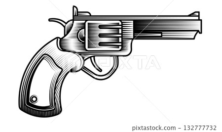 classic revolver handgun monochrome vector illustration detailed vintage woodcut engraving style western cowboy frontier security and vintage weaponry 132777732