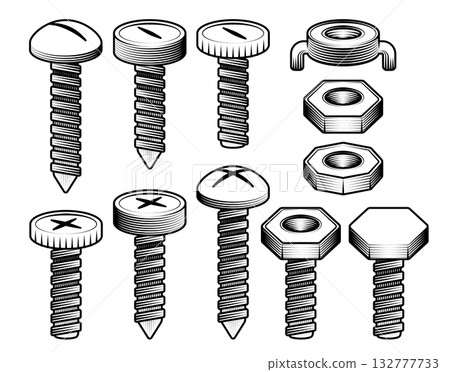 screws and nuts collection of various monochrome vector illustrations detailed vintage woodcut engraving mechanical repair industrial design 132777733