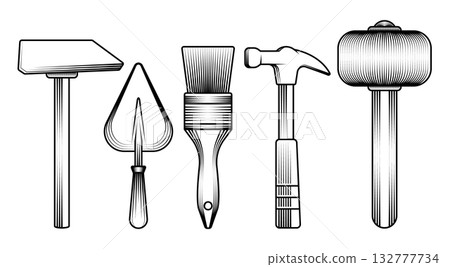 building and construction tools monochrome vector illustrations detailed vintage engraving trowel paint brush claw hammer and rubber mallet carpentry masonry home improvement 132777734