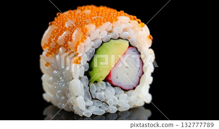California Roll Sushi with Avocado and Tobiko on Black Surface 132777789