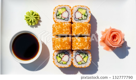 California Roll Sushi Set with Soy Sauce and Pickled Ginger 132777790