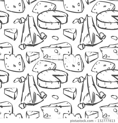 A vector seamless pattern with various cheeses. Hollow Swiss, soft Camembert, Parmesan, Brie, Gouda, and Cheddar. The hand-drawn background with farmhouse cheese imitates a quick ink and brush sketch. 132777813